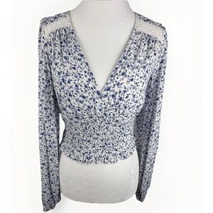 Smocked Babydoll Top Sz S Cropped Long Sleeve Floral Cottage Coquette Dainty